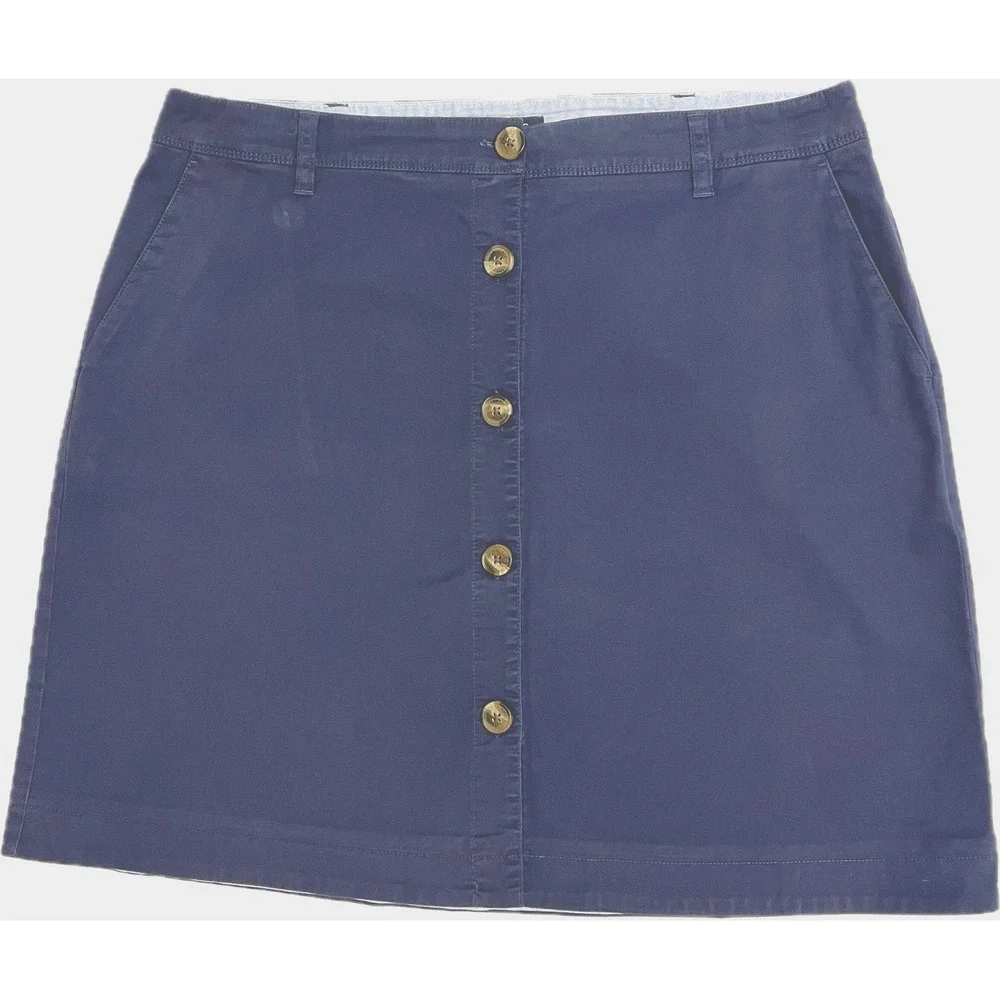 Lands' End Women's size 14P Navy Button Front Skirt Twill‎ Cotton Slash Pockets